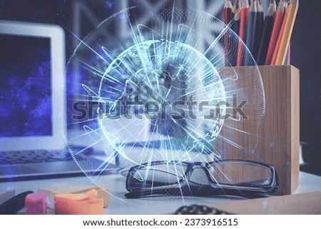 Business theme hologram with glasses on the table background. Concept of search. Double exposure.