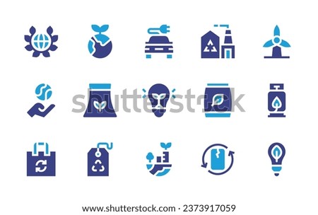 Ecology icon set. Duotone color. Vector illustration. Containing eco car, bulb, green city, planet earth, earth, shopping bag, world, recycle, power plant, compost, recycling, windmill, hydrogen.