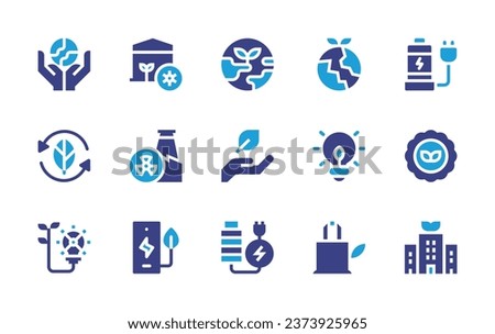 Ecology icon set. Duotone color. Vector illustration. Containing save the world, earth, recycle, leaf, green energy, battery, environment, light bulb, totebag, electric station, bio, green city.