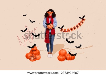 Creative collage portrait of astonished excited girl hold pumpkin flying bats halloween flags isolated on painted beige background