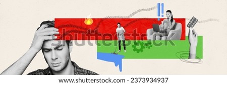 Magazine collage picture of tired guy needing psychologist help isolated drawing background