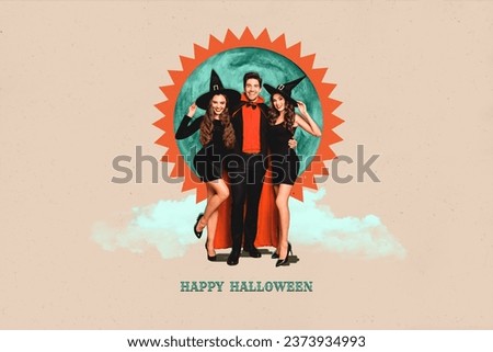 Composite creative photo artwork collage of excited people wear witch vampire costumes celebrate halloween isolated on drawing background