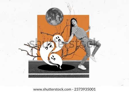 Composite creative photo abstract 3d collage of frightened woman stand near paranormal hole in earth isolated on drawing background