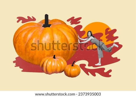 Composite creative photo collage of astonished crazy woman push big pumpkin prepare for halloween isolated on yellow color background