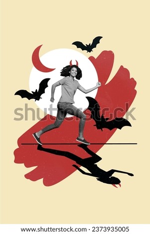 Vertical composite creative photo collage of cunning tricky woman wear devil horns run celebrate halloween isolated on painted background