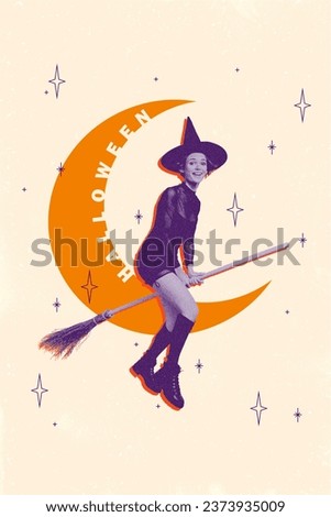 Vertical composite creative illustration photo collage of happy witch fly on broomstick in halloween night isolated on painted background