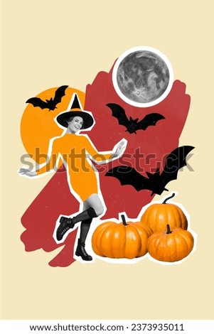 Vertical collage image of funky black white effect witch girl dancing pumpkin flying bats full moon isolated on painted beige background