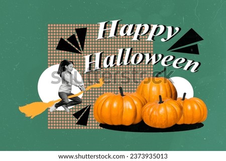 Artwork collage picture of funky mini black white colors girl flying broomstick pumpkins happy halloween greetings isolated on green background