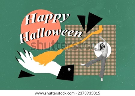 Creative collage picture of funky mini black white colors girl big mystic creature arm hold broomstick happy halloween isolated on green background