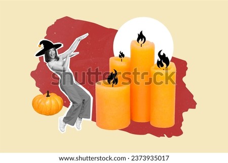 Creative collage of excited black white colors sorcerer girl dancing pumpkin big candle light isolated on beige background