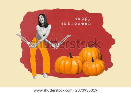 Collage picture of excited black white colors girldancing hold skeleton arms pumpkins happy halloween isolated on beige background