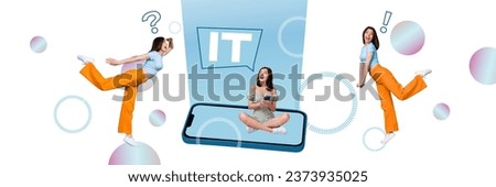 Abstract panorama creative composite photo collage of funny curious girls look for it courses on smartphone isolated drawing background