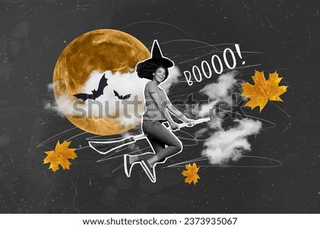 Artwork collage picture of smiling witch lady flying broom halloween party isolated grey color background