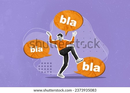 Artwork magazine collage picture of funky excited guy saying blablabla talking clouds isolated violet color background