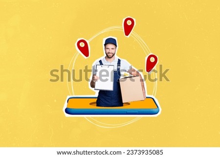 Exclusive magazine picture sketch collage image of smiling courier delivering online orders isolated yellow color background