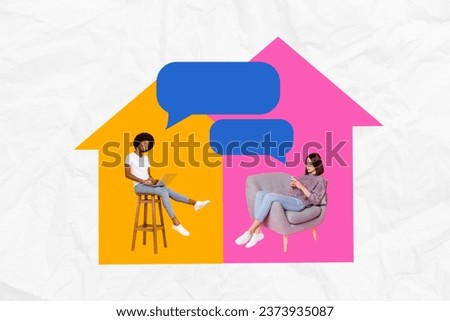 Collage pop sketch image of smiling ladies chatting device empty space isolated white color background