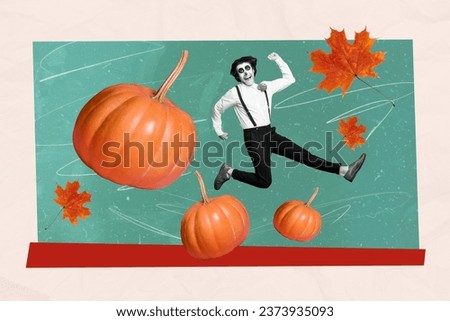 Collage artwork picture of excited funky latino guy running halloween party isolated painting background