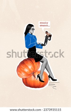 Photo collage artwork minimal picture of serious lady halloween shopping modern gadget isolated beige color background