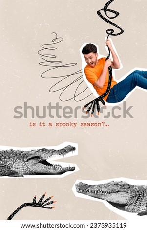 Exclusive picture sketch collage image of funny scared guy afraid falling crocodiles isolated creative background
