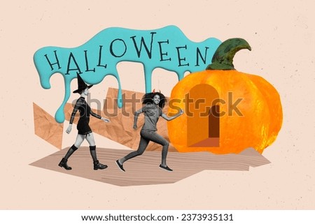 Collage picture of funny ladies wear halloween costumes running party isolated beige color background
