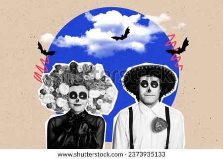 Creative collage picture of two black white colors people dead day costume flying bats clouds sky isolated on beige background