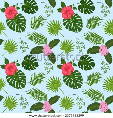 Seamless pattern with tropical flowers, palm tree leaves. Clipping mask applied.