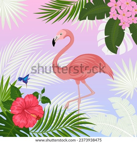 Flamingo, pink bird with long legs and necks. Border and background with tropical flowers, palm tree leaves, a hummingbird. Clipping mask applied.
