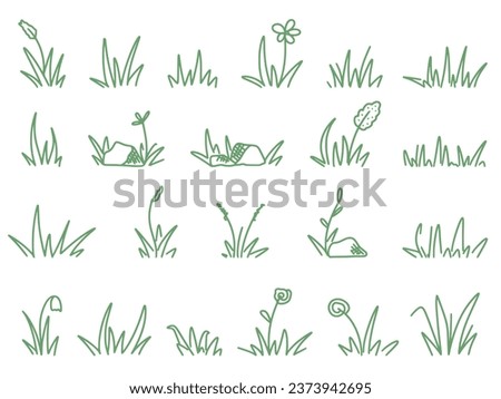 Set grass doodle sketch styles. Hand drawn grass field, wild flowers and herbs. Sprout, flower, clover elements, stones, herbal bundle, clip art vector illustration