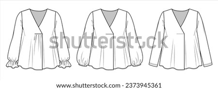 Vector long sleeved blouse fashion CAD, woman v neck 3 pieces set of top with frill detail technical drawing, template, flat, sketch. Jersey or woven fabric blouse with front, back view, white color Royalty-Free Stock Photo #2373945361