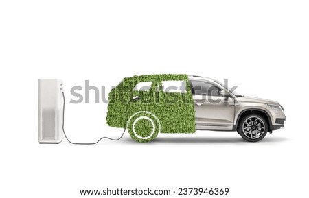 Hybrid electric vehicle plugged into a charging station isolated on white background Royalty-Free Stock Photo #2373946369