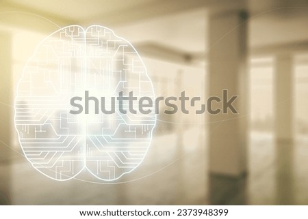 Virtual creative artificial Intelligence hologram with human brain sketch on modern interior background. Double exposure