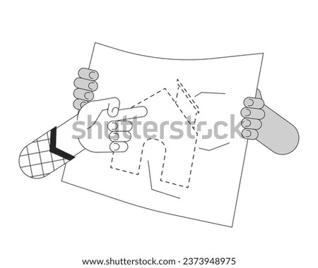 Suggesting changes to blueprint home cartoon human hands outline illustration. Brainstorming building project 2D isolated black and white vector image. Improvement flat monochromatic drawing clip art