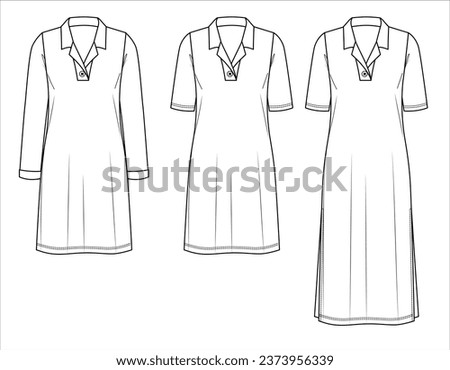 Vector shirt dress set technical drawing, short summer dress with side slit fashion CAD, women long sleeve dress with V-neck sketch, template. Jersey or woven fabric dress with front, back view, white Royalty-Free Stock Photo #2373956339