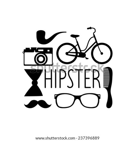 Vector set of hipster elements in flat style. Hipster vintage collection with fashion sunglasses, vintage camera, comb, bow, tobacco pipe, mustache and text Hipster