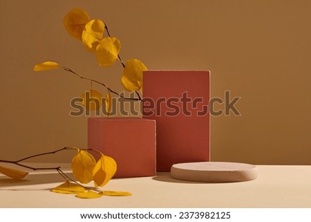 Minimalist art background with red and brown podiums decorated on brown background. Yellow leaves remind of a warm autumn. Advertising photo, front view