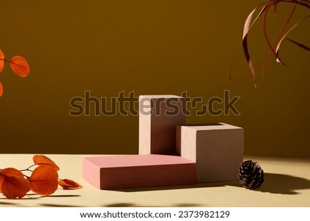 Minimalist creative background for cosmetics or products presentation with Autumn concept. Three geometries podiums with orange leaves and dry pine cone on brown background. Front view