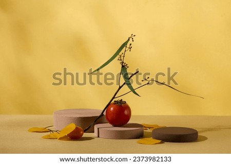 Minimalist art background for advertising product with autumn concept. Three cylinder podiums decorated with red ripe tomato and leaves on yellow background with natural shadow leaves. Front view