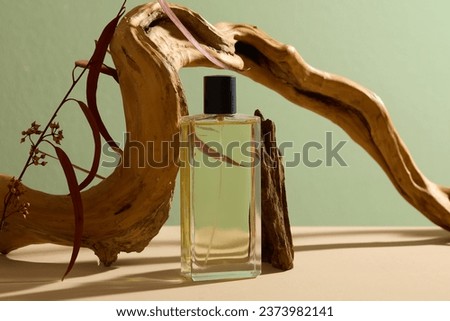 Scene for advertising and branding perfume product with autumn concept. An unlabeled glass spray bottle decorated with dry twig and dry leaves on pastel background. Space for design packaging