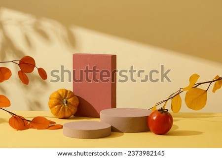 Against the yellow background with natural shadow leaves, brown and red podiums displayed with autumn leaves and autumn fruit. Empty space on podiums for display mockup, cosmetic product