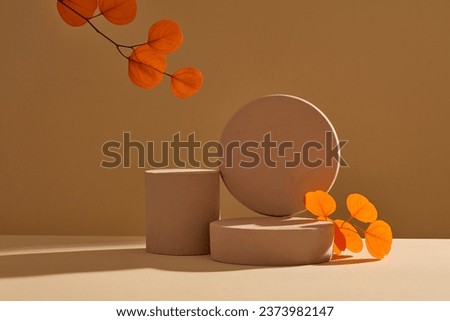 Autumn floral frame with brown cylinder podiums decorated with orange branch leaves on brown background. Advertising scene with blank space for display product. Minimalist concept