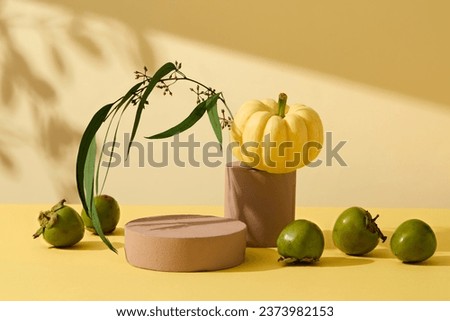 Front view of green persimmons, yellow pumpkin decorated with green leaves branch and brown cylinder podiums on yellow background. Minimalist scene for advertising, space for display mockup