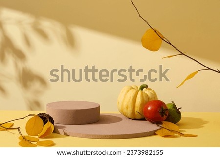 Front view of stack of round brown podiums with yellow autumn leaves branch on yellow background. Pumpkin, tomato and green persimmon are autumn fruit. Empty platform for display