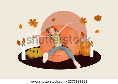 Collage picture of funky girl sit beanbag flying leaves candle light pumpkin apple pie isolated on creative background