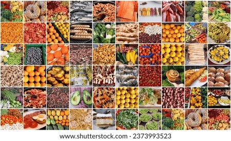 Food photo collage. Many photos of vegetables, fruit and fish. Colorful food squares background.