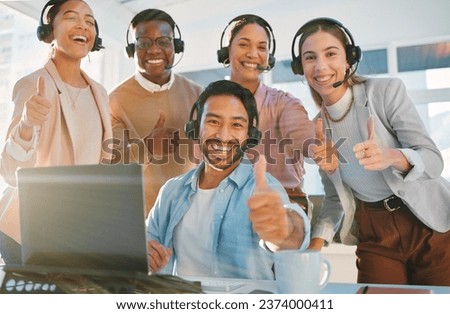 Teamwork, portrait and call center people with thumbs up, contact us with headphones and help desk. Consultant group with hand gesture, diversity and customer service with support, trust and advice Royalty-Free Stock Photo #2374000411