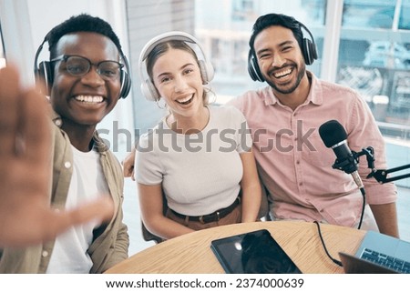 Podcast, portrait and group selfie of happy friends together, live streaming or people recording broadcast. Face, team and radio hosts take picture at table for social media blog on headphones or mic