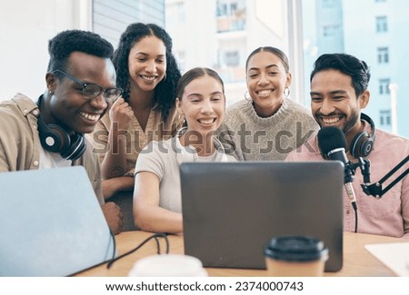 Men, woman and happy with laptop, podcast and reading for chat, creativity or opinion on live stream. Group, microphone and headphones for web talk show, broadcast or smile for collaboration at desk