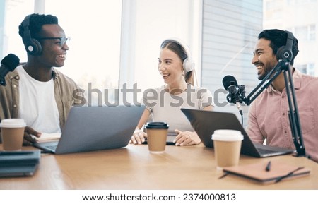 Men, women and team with laptop, podcast or happy for chat, conversation or opinion on live stream. Group, microphone and headphones for web talk show, broadcast or thinking for collaboration at desk