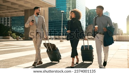 Business people, team walking and travel with suitcase in city for corporate, job opportunity and networking. Professional woman and men talking at outdoor hotel or on the way to airport with luggage