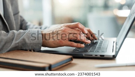 Business person, hands typing and laptop for website marketing, copywriting or editing online newsletter. Professional writer or editor working on computer for company FAQ, email or information